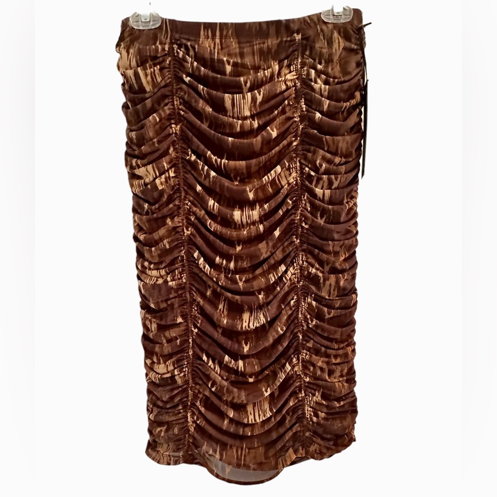 NWT HOUSE OF HARLOW 1960 Ruched Fully Lined Brown & Tan Midi Pencil Skirt Sz Sm
